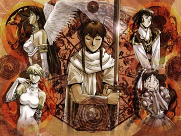 Four lovely Spirit Guides and Dark, the newly-risen and very confused Phantom Saint of Suzaku.